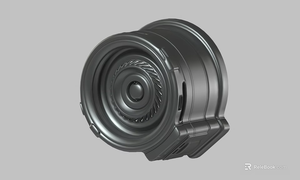 Black Metallic Mechanical Part With Circular Spiral Pattern And Structured Edges 3d model