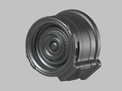 Black Metallic Mechanical Part With Circular Spiral Pattern And Structured Edges 3d model