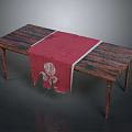 Rustic Wooden Dining Table With Red Tablecloth And White Floral Pattern 3d model