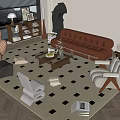 Modern Leather Sofa and Coffee Table Set with Checkerboard Rug Accent Chairs and Bookshelf