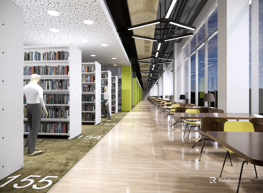Modern Book Art Library Interior With Spacious Bookshelves Reading Tables And Chairs 3d model 
