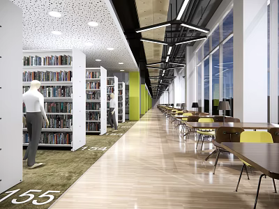 Modern Book Art Library Interior With Spacious Bookshelves Reading Tables And Chairs 3d model