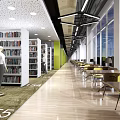 Modern Book Art Library Interior With Spacious Bookshelves Reading Tables And Chairs