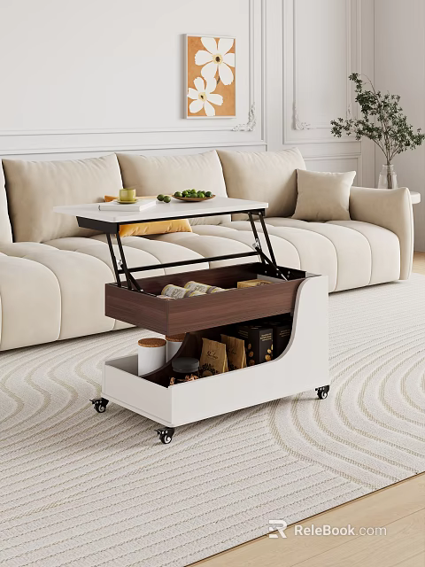 Beige Sofa With Storage Coffee Table Open Drawer And Rolling Wheels 3d model