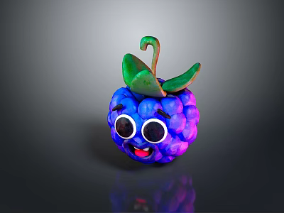 Cartoon Berry Food with Big Eyes Smiling Face Blue Purple Color and Green Leaf Decoration 3d model