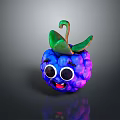 Cartoon Berry Food with Big Eyes Smiling Face Blue Purple Color and Green Leaf Decoration