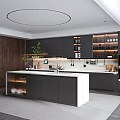 Modern Kitchen Interior With Dark Cabinets Marble Island Circular Light Wooden Panels And Green Plant