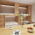Hotel Guest Room With Wooden Bunk Beds Long Wooden Table Chairs Projector Screen And Green Plant