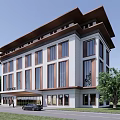 Modern Office Building With White Exterior Brown Layered Roof Large Glass Windows Green Lawn And Trees