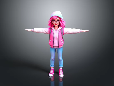 Cartoon Girl With Pink Hair Glasses Hoodie Vest Blue Jeans And Outstretched Arms 3d model