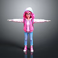 Cartoon Girl With Pink Hair Glasses Hoodie Vest Blue Jeans And Outstretched Arms