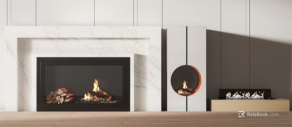 Modern Marble Fireplace Interior With White Design And Burning Flames 3d model