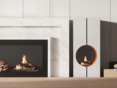 Modern Marble Fireplace Interior With White Design And Burning Flames 3d model