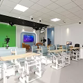 School Modern Classroom With Green Accent Wall White Desks Digital Screen And Large Windows