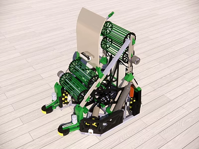 Green Black Mechanical Device with Reels Wheels And Metal Frame on Wooden Floor Surface 3d model