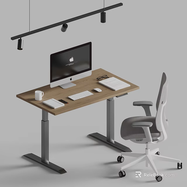 Modern Wooden Standing Desk With iMac Keyboard Mouse Coffee Mug And Ergonomic Chair 3d model 