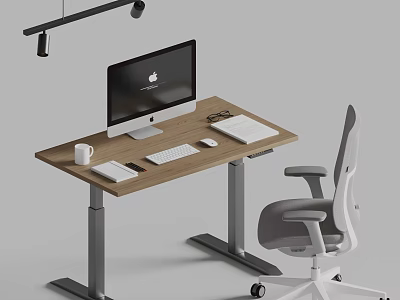 Modern Wooden Standing Desk With iMac Keyboard Mouse Coffee Mug And Ergonomic Chair 3d model