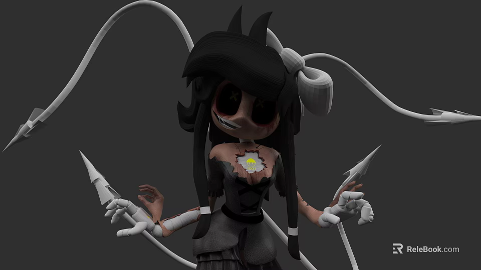 Game Movie Character With Black Long Hair White Bow Black Dress Yellow Flower And White Tentacles 3d model 