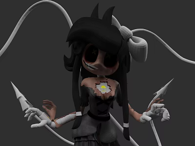 Game Movie Character With Black Long Hair White Bow Black Dress Yellow Flower And White Tentacles 3d model
