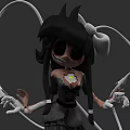 Game Movie Character With Black Long Hair White Bow Black Dress Yellow Flower And White Tentacles