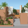 Tall Arbor in Modern Courtyard with Beige Walls Steps Palm Trees Shrubs and Sunlight