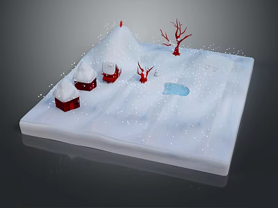 Cartoon Snowy Scene with Small Red Roof Houses Snowy Mountain Red Trees and Ice Patch 3d model