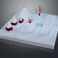 Cartoon Snowy Scene with Small Red Roof Houses Snowy Mountain Red Trees and Ice Patch