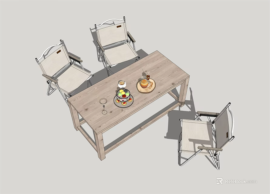 Wooden Dining Table Set With Four Metal Frame Chairs And Fruit Platter On Top 3d model 