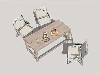 Wooden Dining Table Set With Four Metal Frame Chairs And Fruit Platter On Top 3d model