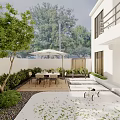 Modern Garden Design With Outdoor Dining Table Umbrella And Green Plants