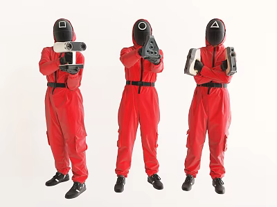 Game Movie Characters In Red Jumpsuits With Square Circle Triangle Symbols Holding Devices 3d model