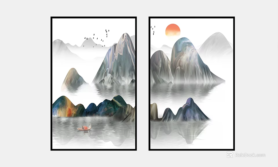 Scenic Chinese Landscape Painting With Colorful Mountains Water Reflections Small Boat And Flying Birds 3d model 