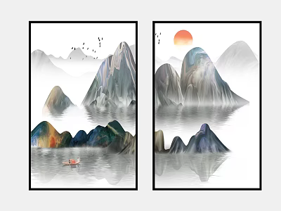 Scenic Chinese Landscape Painting With Colorful Mountains Water Reflections Small Boat And Flying Birds 3d model