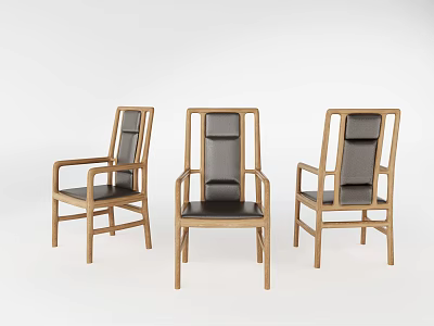 Three Modern Dining Chairs with Wooden Frame Dark Cushioned Seats and Sleek Armrests 3d model