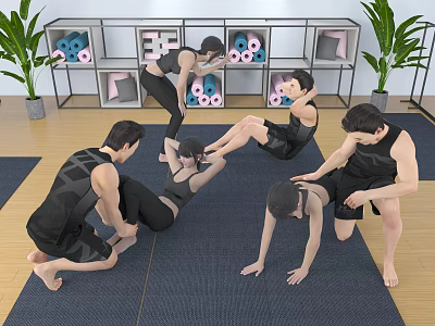Group of People Stretching on Yoga Mats in Indoor Space With Shelves and Plants 3d model