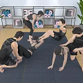 Group of People Stretching on Yoga Mats in Indoor Space With Shelves and Plants