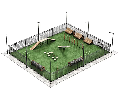 Outdoor Fenced Playground with Green Grass Wooden Benches Ramp Balance Beams and Light Poles 3d model