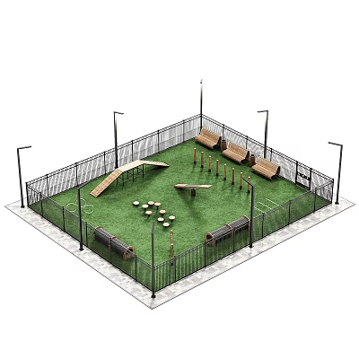 Outdoor Fenced Playground with Green Grass Wooden Benches Ramp Balance Beams and Light Poles 3d model