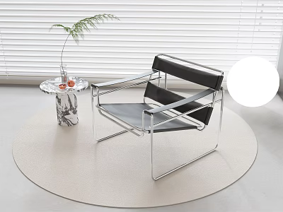 Modern Metal Frame Leisure Chair with Black Seat Small Round Side Table and Green Plant 3d model