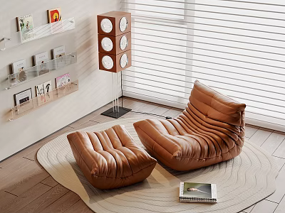 Brown Leather Single Sofa with Ottoman on Light Rug and Magazine Near Window Blinds 3d model