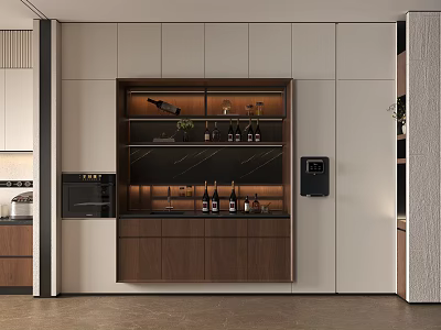 Modern Wine Cabinet Interior With Wooden Frame LED Lighting And Wine Bottles 3d model