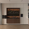 Modern Wine Cabinet Interior With Wooden Frame LED Lighting And Wine Bottles