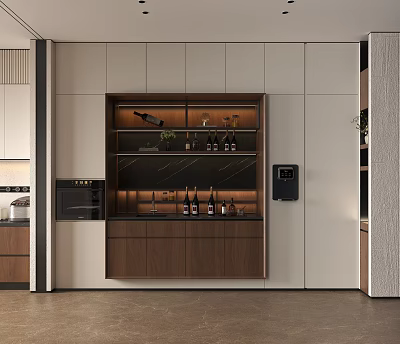 Modern Wine Cabinet Interior With Wooden Frame LED Lighting And Wine Bottles 3d model