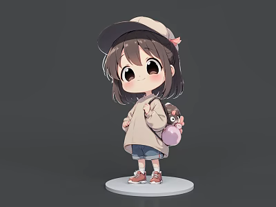 Cartoon Little Girl Wearing Cap With Light Top Denim Shorts And Animal Backpack On Gray Stand 3d model