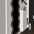 Modern White Shoe Cabinet Interior With Wavy Frame Mirror And Coat Rack