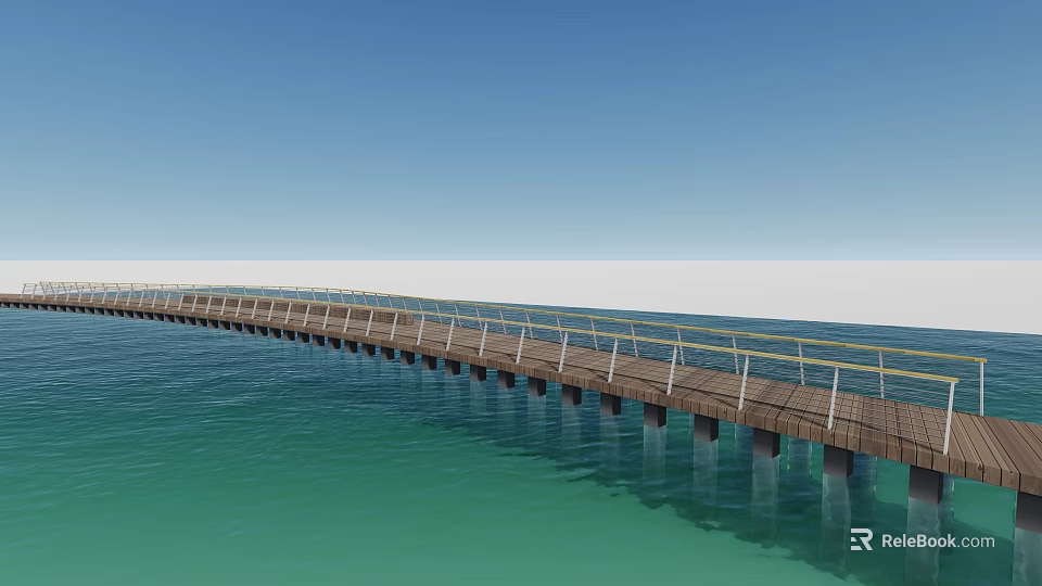 Scenic Bridge With Wooden Deck And Railing Stretching Over Turquoise Sea Under Blue Sky 3d model 