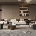 Modern Living Room Interior With Light Colored Sofas Arc Floor Lamp And Striped Rug