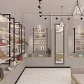 Luxury Shoe Store Interior With Golden Shelves Seating Area And Chandeliers