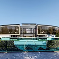 Modern Building Entrance With Wooden Canopy Stone Floor Water Pool And Glass Facade