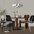 Modern Wooden Dining Table Set With Chairs Spherical Pendant Lights Green Plants And White Flowers